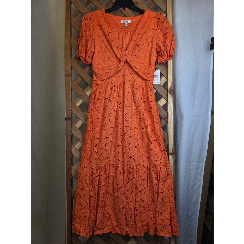 Kensie Eyelet Midi Dress Womens 2 Orange Puff Sleeve V-Neck - NEW